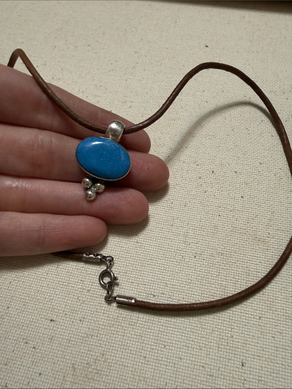 Sterling Silver 925 Mexico Blue Oval Stone Pendant Necklace W/Leather Cord 15.5’